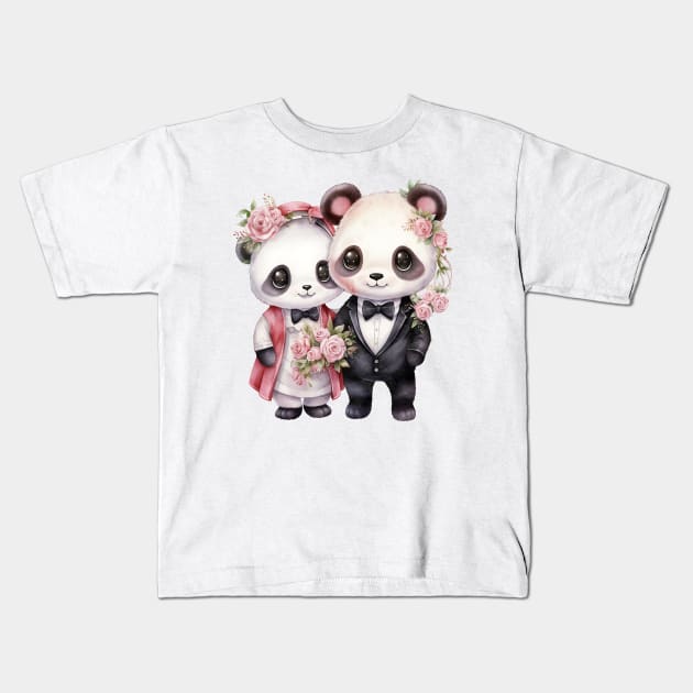 Panda Bear Couple Gets Married Kids T-Shirt by Chromatic Fusion Studio